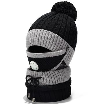 3-Piece Winter Windproof Knit Beanie Hat, Face Mask and Neck Warmer – Black / Grey