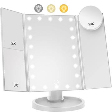 3-Side Foldable Makeup Mirror with 22 LED Lights - 1X/2X/3X/10X Magnification - White