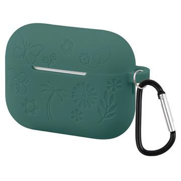 AirPods Pro 3 Flower Pattern Liquid Silicone Case w. Carabiner - Dark Green