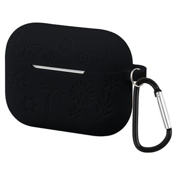 AirPods Pro 3 Flower Pattern Liquid Silicone Case w. Carabiner - Black