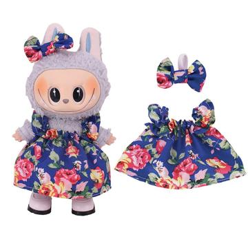 Floral Party Dress & Bowknot Headband for Labubu Mini Figure 17cm - Dark Blue