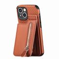 iPhone 14 Case with Zipper Pocket & Stand - Carbon Fiber - Brown
