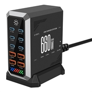 HHW 660W GaN 10-Port USB-C Charger Station with Display - 6xUSB-C, 4xUSB-A - Black