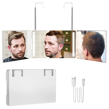 High-Definition LED Triple Folding Vanity Mirror with Adjustable Hook - White