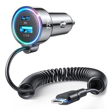 Joyroom JR-CL07 3-in-1 Wired Fast Car Charger 72W - USB-C, USB-A - Black