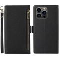 iPhone 14 Pro Wallet Case with Strap & Zipper - Black