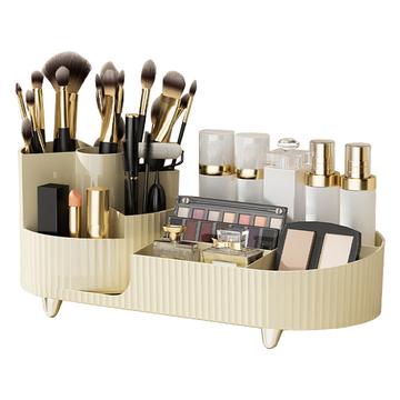 Makeup Organizer Storage Tray with Rotating Brush Holder - Beige