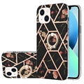 iPhone 15 Plus Marble Pattern IMD TPU Case with Ring Holder - Black