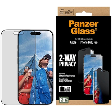iPhone 17/16 Pro PanzerGlass Ultra-Wide Fit EasyAligner 2-Way Privacy Screen Protector - 9H - Black Edge
