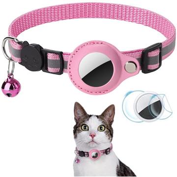 Reflective Pet Collar with AirTag 1/2 Holder and Bell - Cats and Small Dogs - Pink