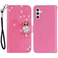 Samsung Galaxy A55 Owl Rhinestone Wallet Case - Hot Pink