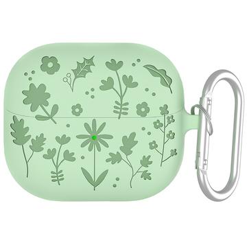 Samsung Galaxy Buds3/Buds3 Pro Flower Pattern Liquid Silicone Case w. Carabiner - Green