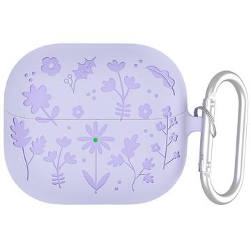 Samsung Galaxy Buds3/Buds3 Pro Flower Pattern Liquid Silicone Case w. Carabiner - Light Purple