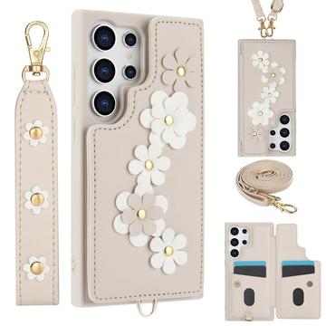 Samsung Galaxy S24 Ultra Flower Decor Case w. Strap - Beige