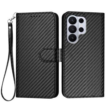 Samsung Galaxy S26 Ultra Premium Wallet Case with Strap - Carbon Fiber Texture