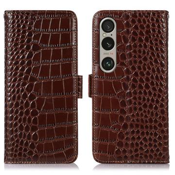 Sony Xperia 1 VI Crocodile Series Wallet Leather Case with RFID - Brown