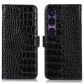 Sony Xperia 1 VII Crocodile Series Wallet Leather Case with RFID - Black