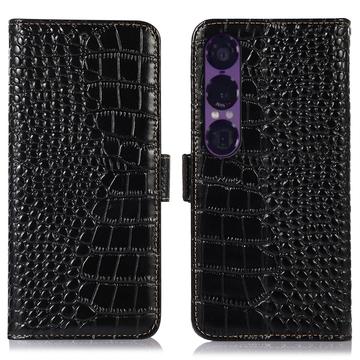 Sony Xperia 1 VII Crocodile Series Wallet Leather Case with RFID - Black