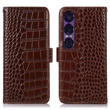 Sony Xperia 1 VII Crocodile Series Wallet Leather Case with RFID - Brown