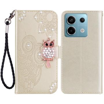 Xiaomi Redmi Note 13 Owl Rhinestone Wallet Case - Gold
