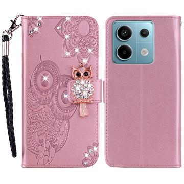 Xiaomi Redmi Note 13 Owl Rhinestone Wallet Case - Rose Gold
