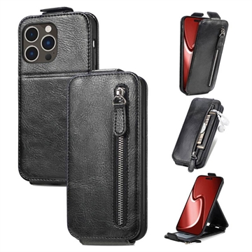 iPhone 16 Pro Zipper Pocket Vertical Flip Case - Black
