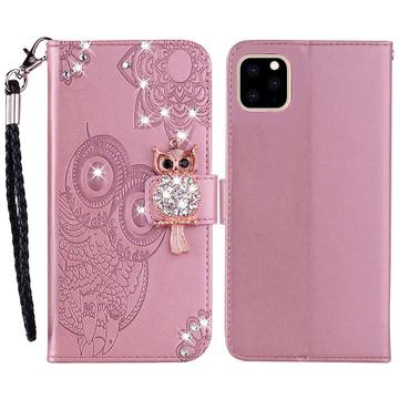 iPhone 14 Pro Owl Rhinestone Wallet Case - Rose Gold