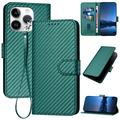 iPhone 15 Pro Max Premium Wallet Case with Strap - Carbon Fiber Texture - Carbon Green