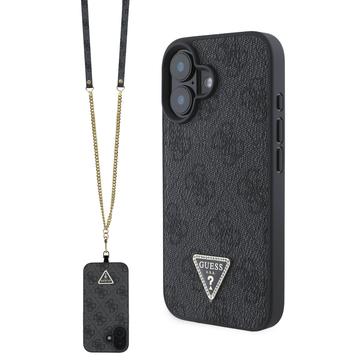 iPhone 16 Guess 4G Strass Triangle Metal Logo Case with Crossbody Strap - Black