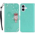 iPhone 16 Owl Rhinestone Wallet Case - Cyan