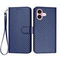 iPhone 16 Premium Wallet Case with Strap - Carbon Fiber Texture - Carbon Blue