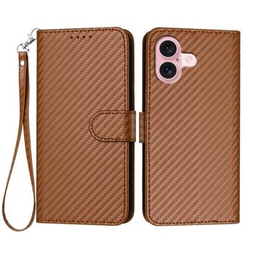 iPhone 16 Premium Wallet Case with Strap - Carbon Fiber Texture - Carbon Coffee