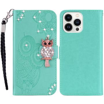 iPhone 16 Pro Max Owl Rhinestone Wallet Case - Cyan