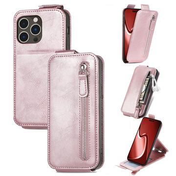 iPhone 16 Pro Max Zipper Pocket Vertical Flip Case - Rose Gold