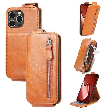 iPhone 16 Pro Max Zipper Pocket Vertical Flip Case - Brown