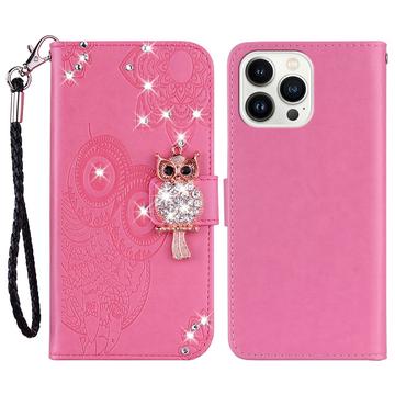iPhone 16 Pro Owl Rhinestone Wallet Case - Hot Pink