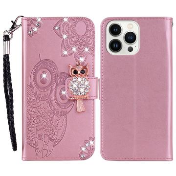 iPhone 16 Pro Owl Rhinestone Wallet Case - Rose Gold