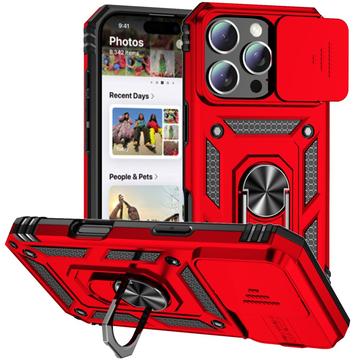 iPhone 16 Pro Rotary Ring Hybrid Case with Camera Shield - Red