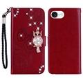 iPhone 16e Owl Rhinestone Wallet Case - Red