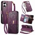 iPhone 17 Floral & Leaf Pattern Wallet Case with Zipper Pocket & Wrist Strap - Purple