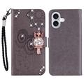 iPhone 17 Owl Rhinestone Wallet Case - Grey