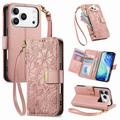 iPhone 17 Pro Floral & Leaf Pattern Wallet Case with Zipper Pocket & Wrist Strap - Pink