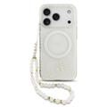 iPhone 17 Pro Guess IML Flowers Allover Electro Case with Pearl Strap - MagSafe Compatible - White
