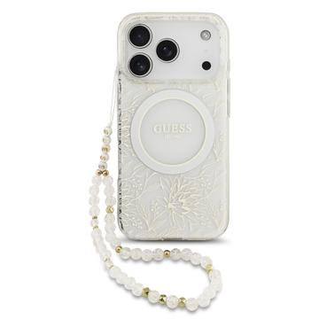 iPhone 17 Pro Guess IML Flowers Allover Electro Case with Pearl Strap - MagSafe Compatible - White