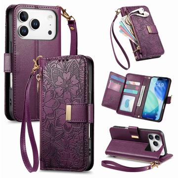 iPhone 17 Pro Max Floral & Leaf Pattern Wallet Case with Zipper Pocket & Wrist Strap - Purple