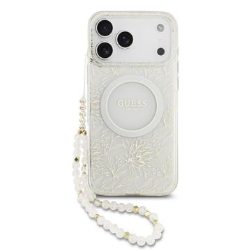 iPhone 17 Pro Max Guess IML Flowers Allover Electro Case with Pearl Strap - MagSafe Compatible - White