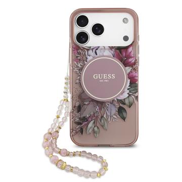 iPhone 17 Pro Max Guess IML Flowers Case with Pearl Strap - Pink